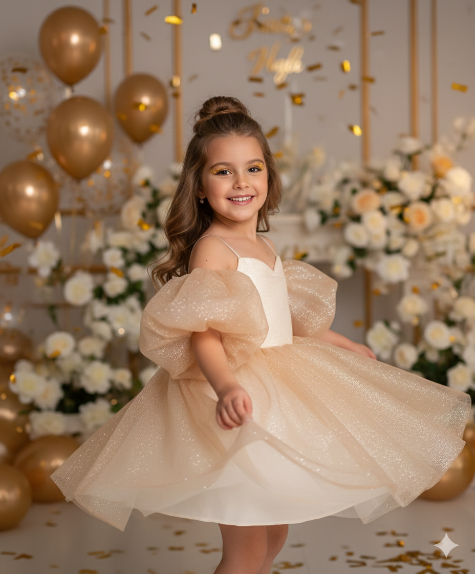 Rochie alba eleganta pentru fete, din tulle cu glitter si maneci bufante - Eloise