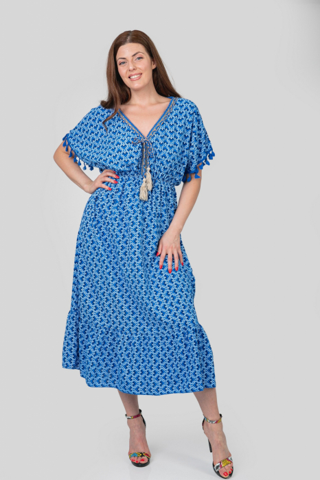 Rochie albastra cu ciucuri si model mandala