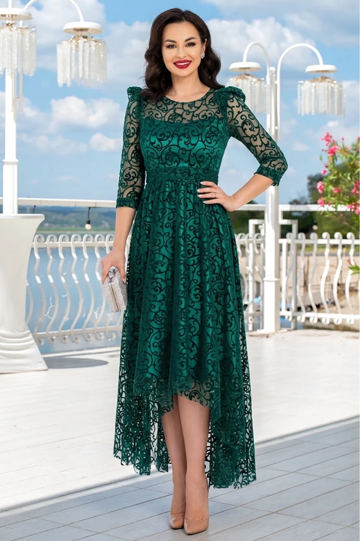 Rochie asimetrica de ocazie verde Francesca cu model din catifea