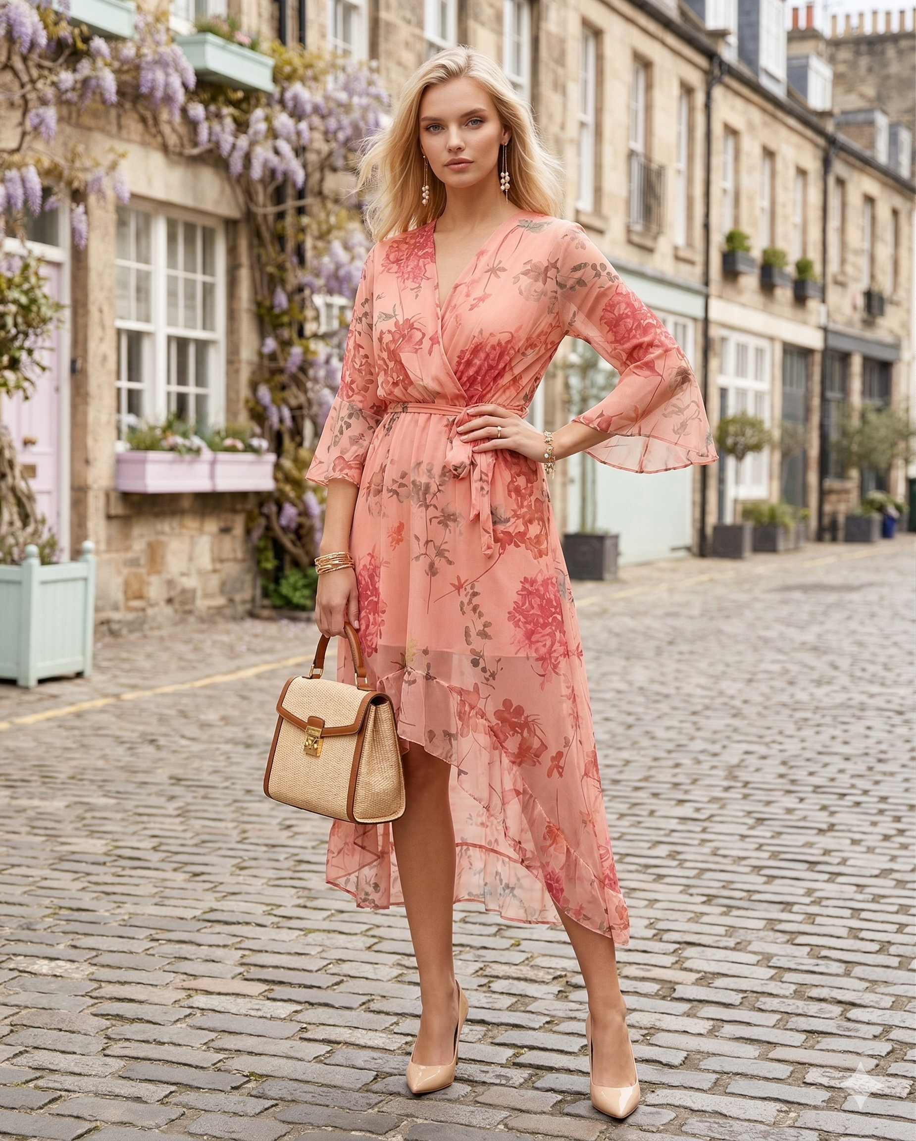 Rochie asimetrică din voal cu print floral și cordon roz - Unica S-L