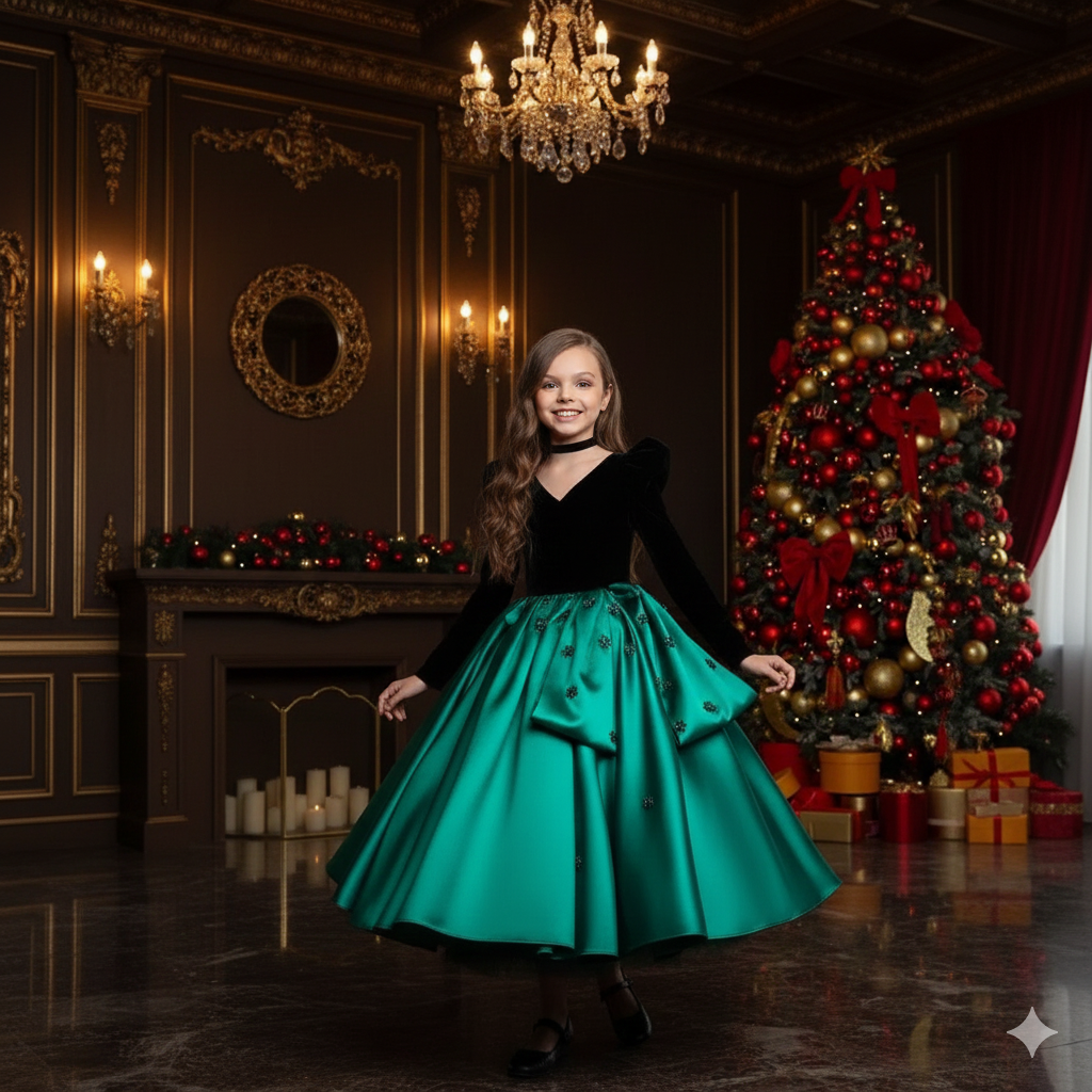Rochie aurie eleganta pentru fete, din tafta si catifea neagra - Zendaya