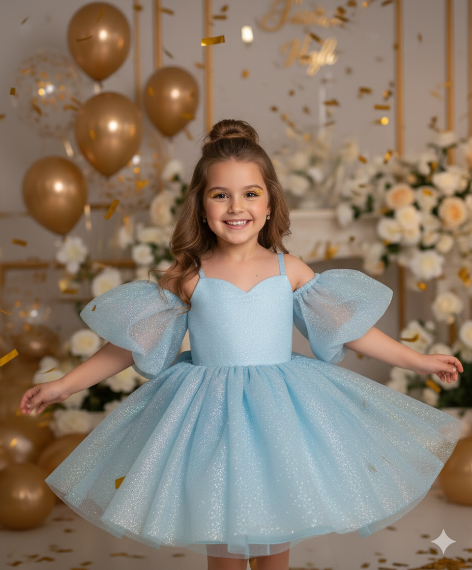 Rochie aurie eleganta pentru fete, din tulle cu glitter si maneci bufante - Eloise