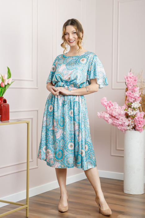 Rochie bleu cu imprimeuri mandala si volanas la maneci