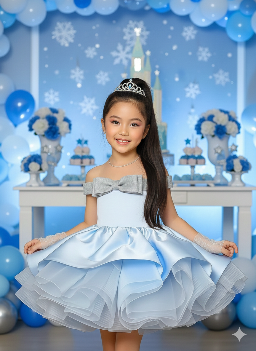 Rochie bleu eleganta cu fundita argintie pentru fete - Elsa