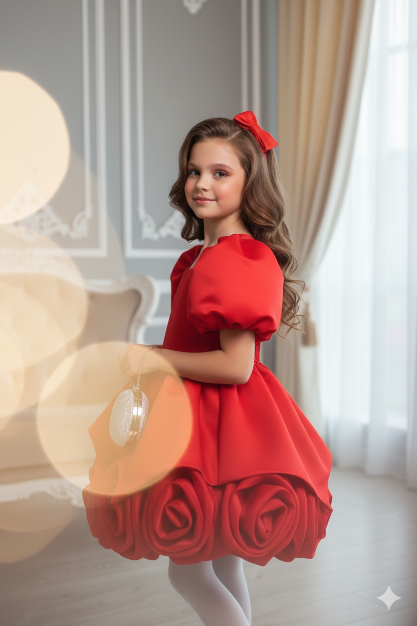 Rochie bleu eleganta din tafta si flori handmade pentru fete - Annabelle