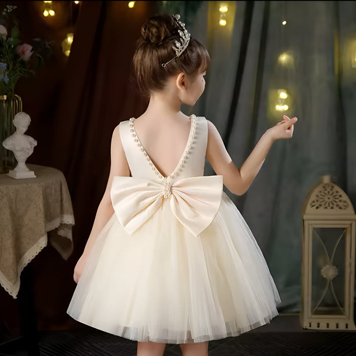 Rochie bleu eleganta pentru fete, cu fundita si perle - Luna