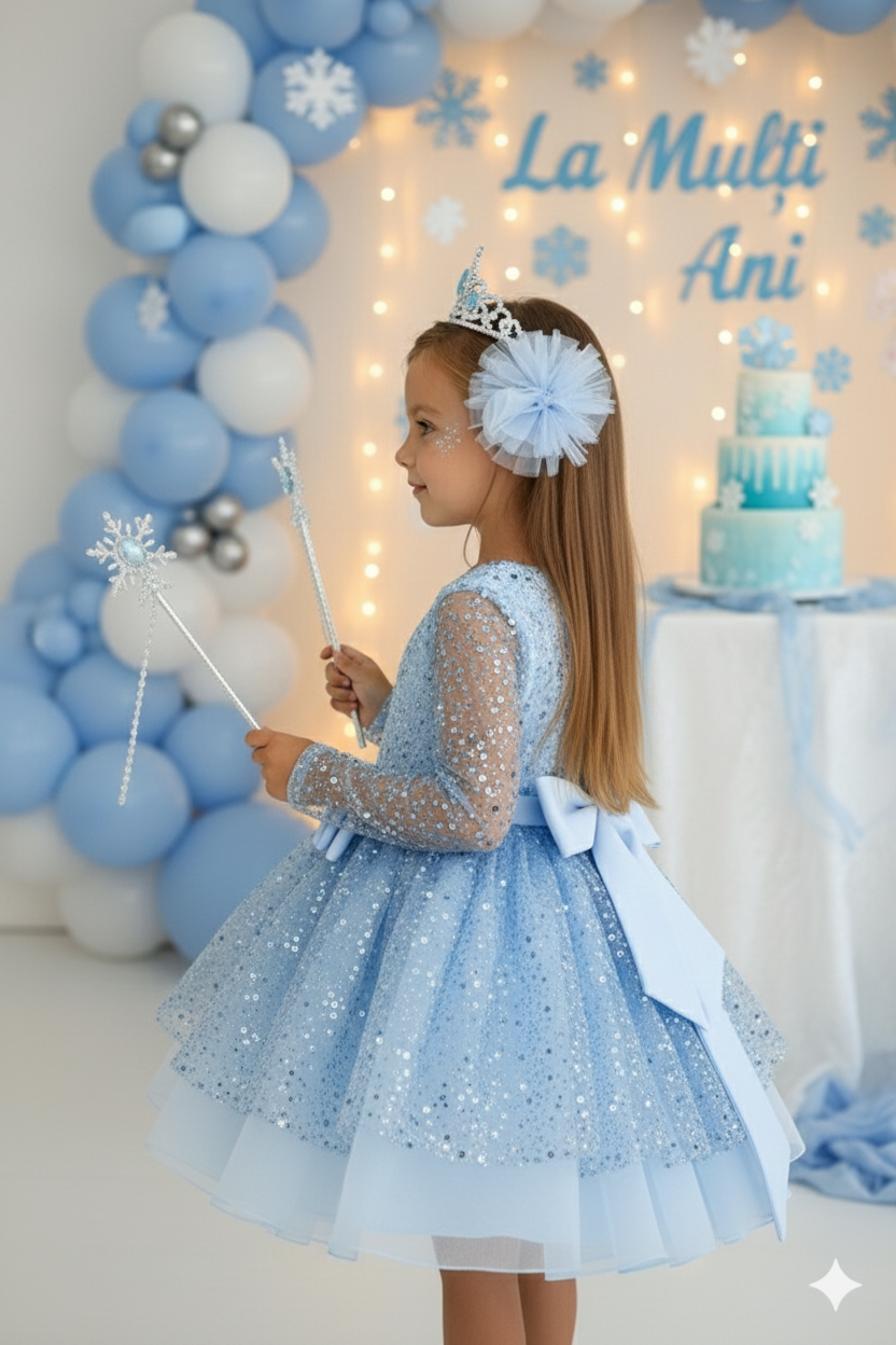 Rochie bleu eleganta pentru fete, din dantela brodata - Alis