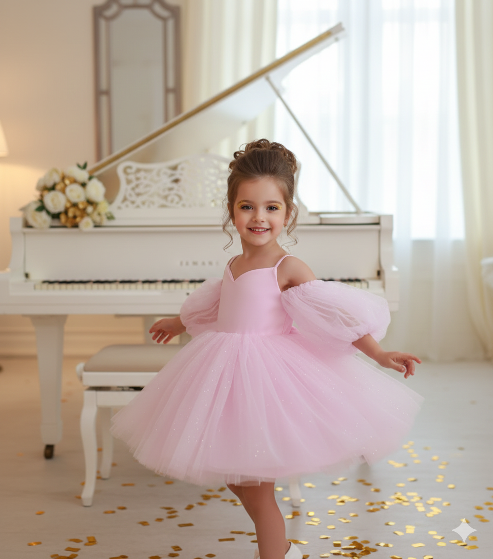 Rochie bleu eleganta pentru fete, din tulle cu glitter si maneci bufante - Eloise