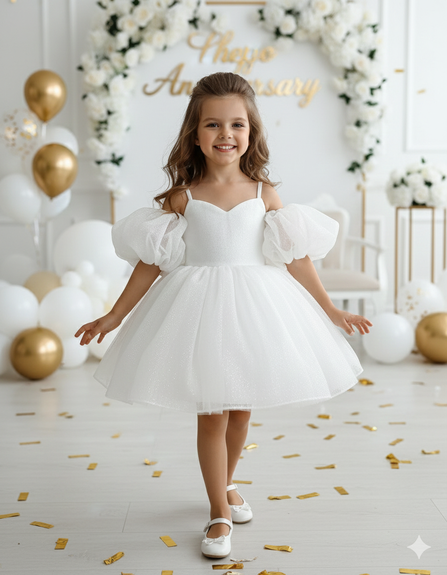 Rochie bleu eleganta pentru fete, din tulle cu glitter si maneci bufante - Eloise