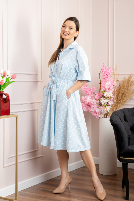 Rochie bleu tip camasa cu buline