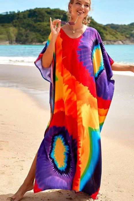Rochie boema de plaja lunga oversize, tip poncho din bumbac si vascoza, cu imprimeu pictural