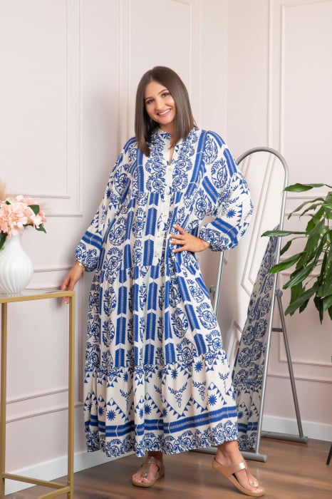 Rochie boho chic Daphne cu imprimeu albastru floral
