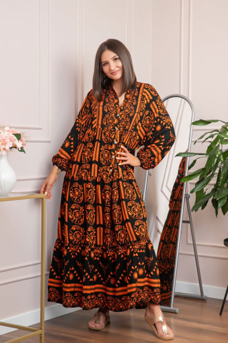 Rochie boho chic Daphne cu imprimeu orange floral