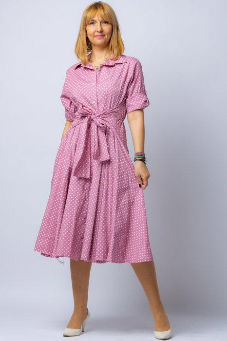 Rochie camasa roz prafuit cu bulinute, din tesatura fina de bumbac