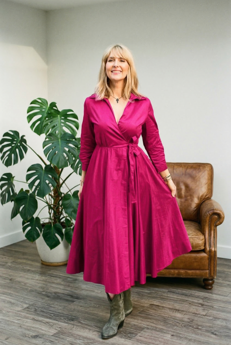 Rochie clos, petrecuta, din poplin de bumbac, fucsia