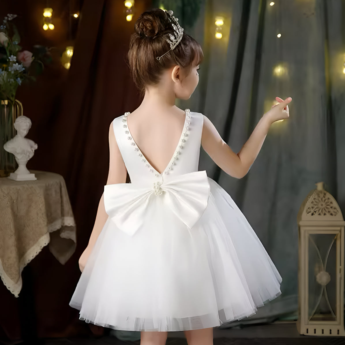 Rochie crem eleganta pentru fete, cu fundita si perle - Luna
