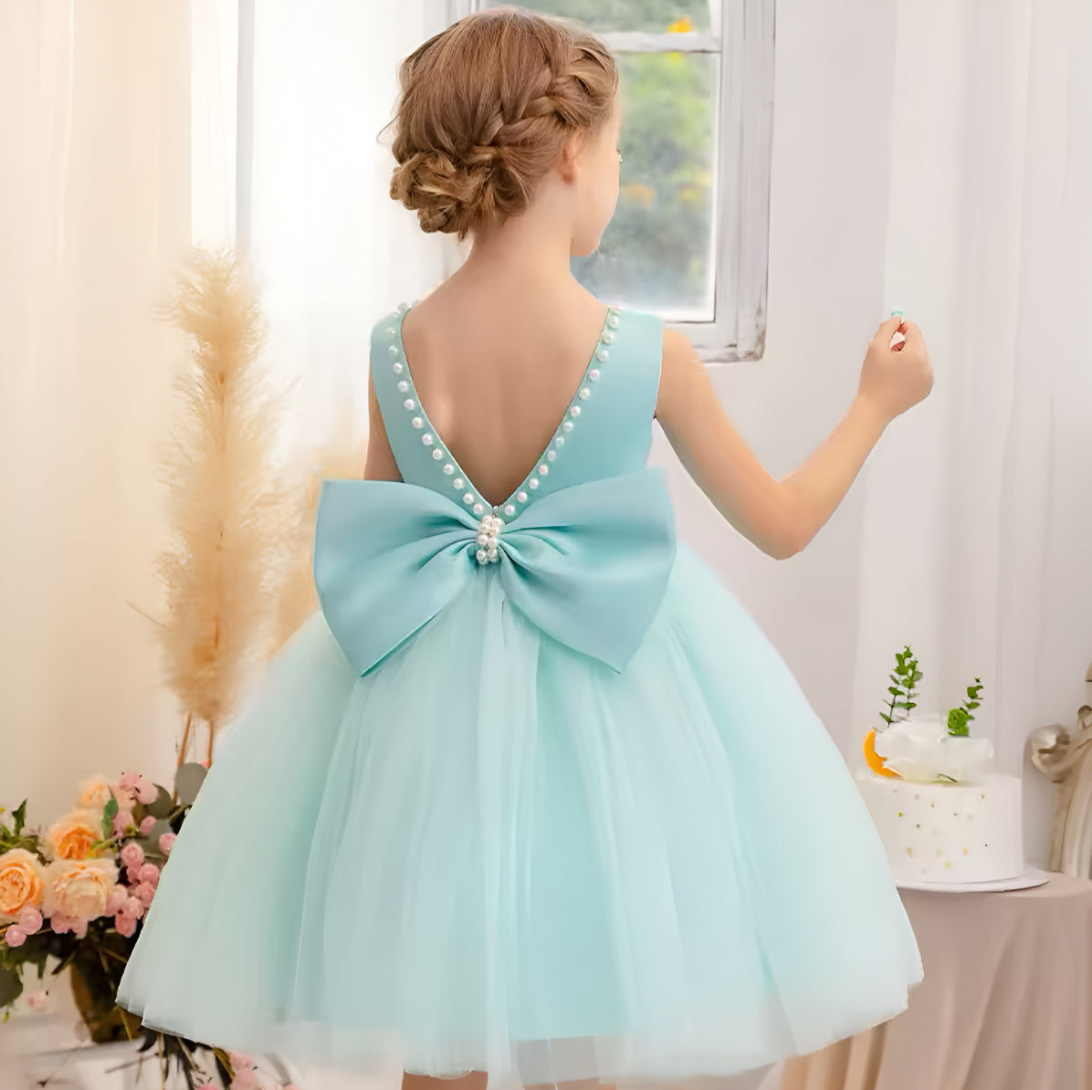 Rochie crem eleganta pentru fete, cu fundita si perle - Luna