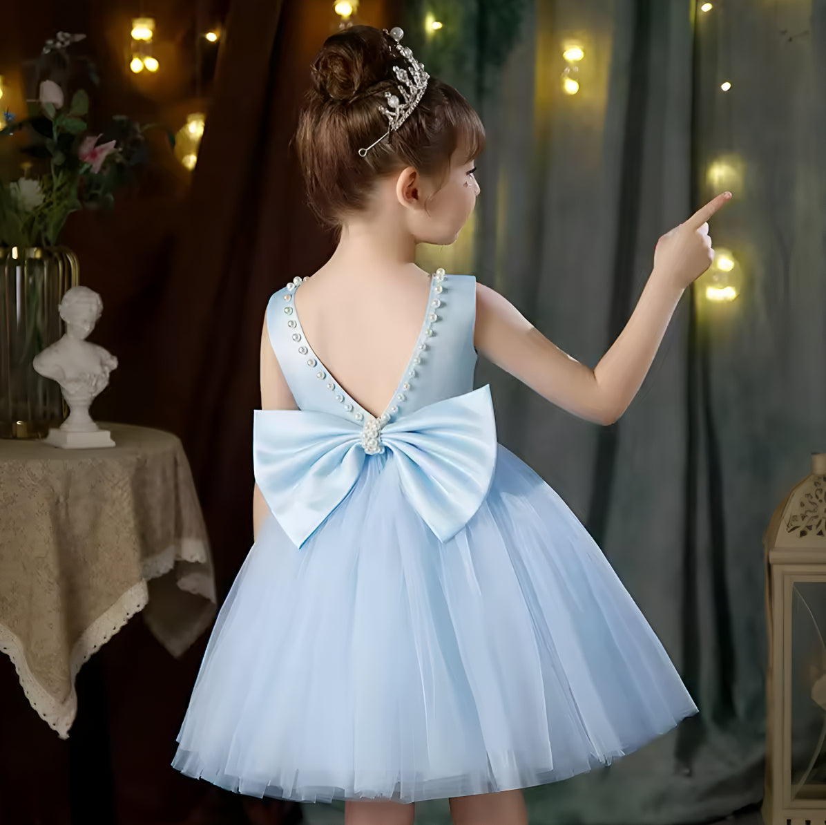Rochie crem eleganta pentru fete, cu fundita si perle - Luna