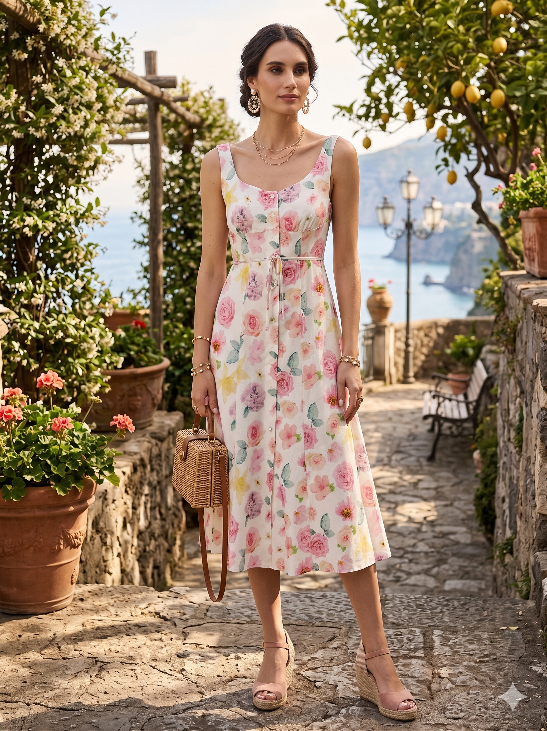 Rochie cu croială tip A din vâscoză cu nasturi și imprimeu floral ORSAY alb-flori - 36