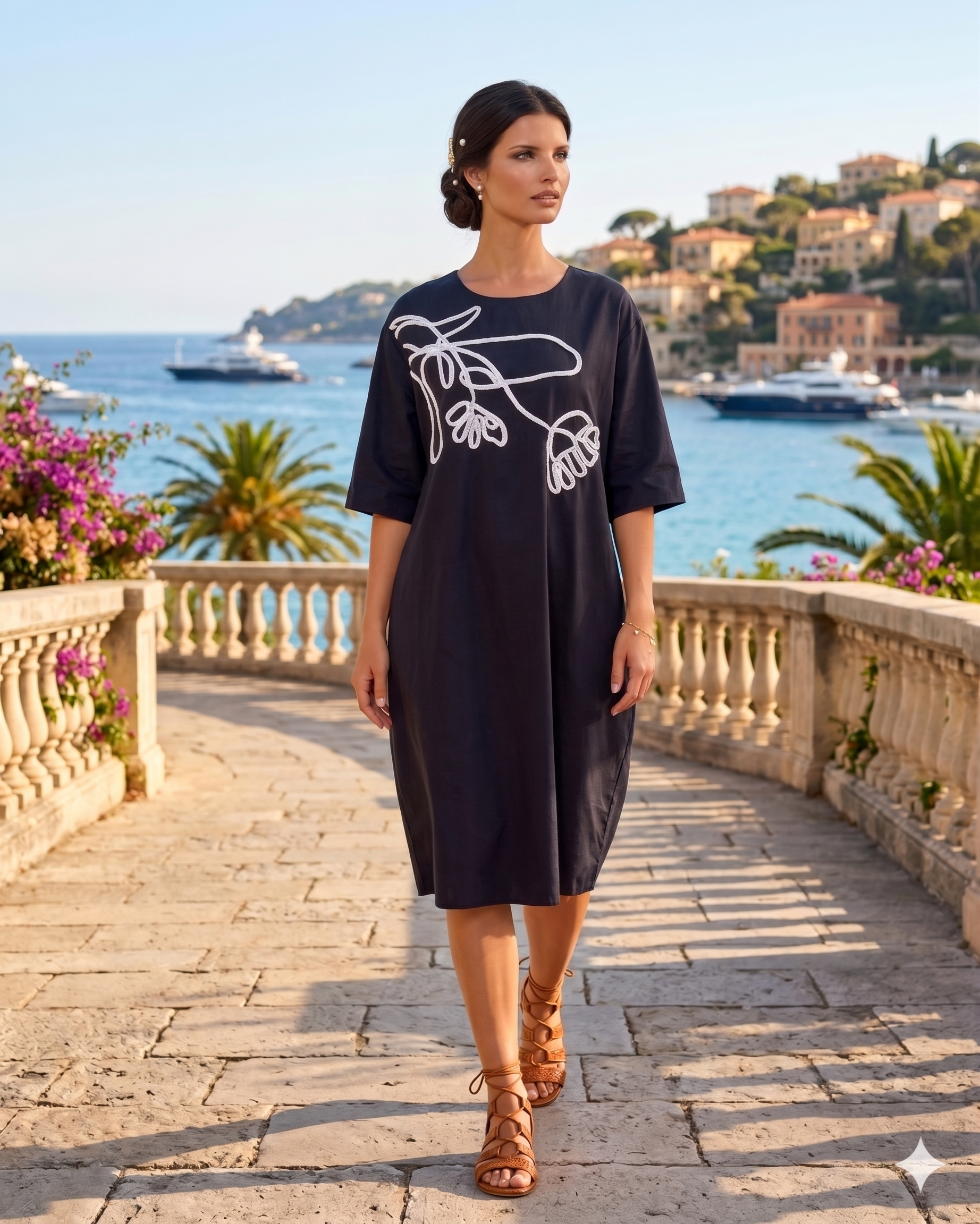 Rochie cu floare brodată în partea de sus negru-alb - Unica (XL-3XL)