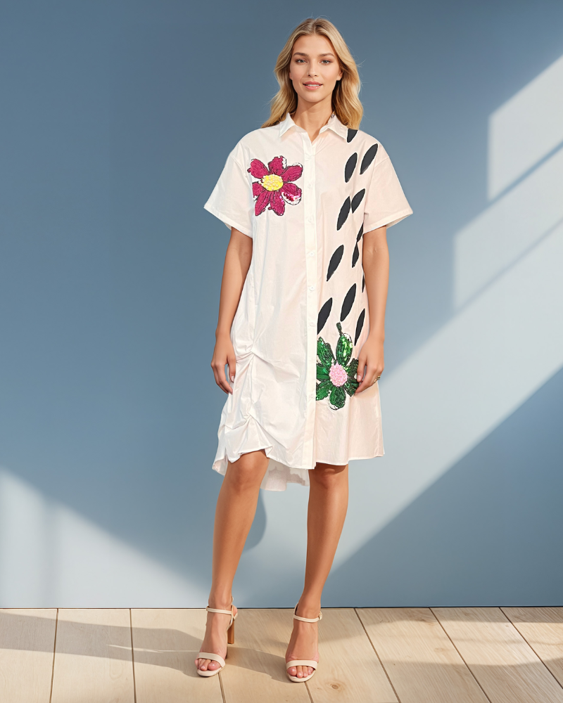 Rochie cu flori mari din paiete și guler stil cămașă alb - Unica (XL-3XL)