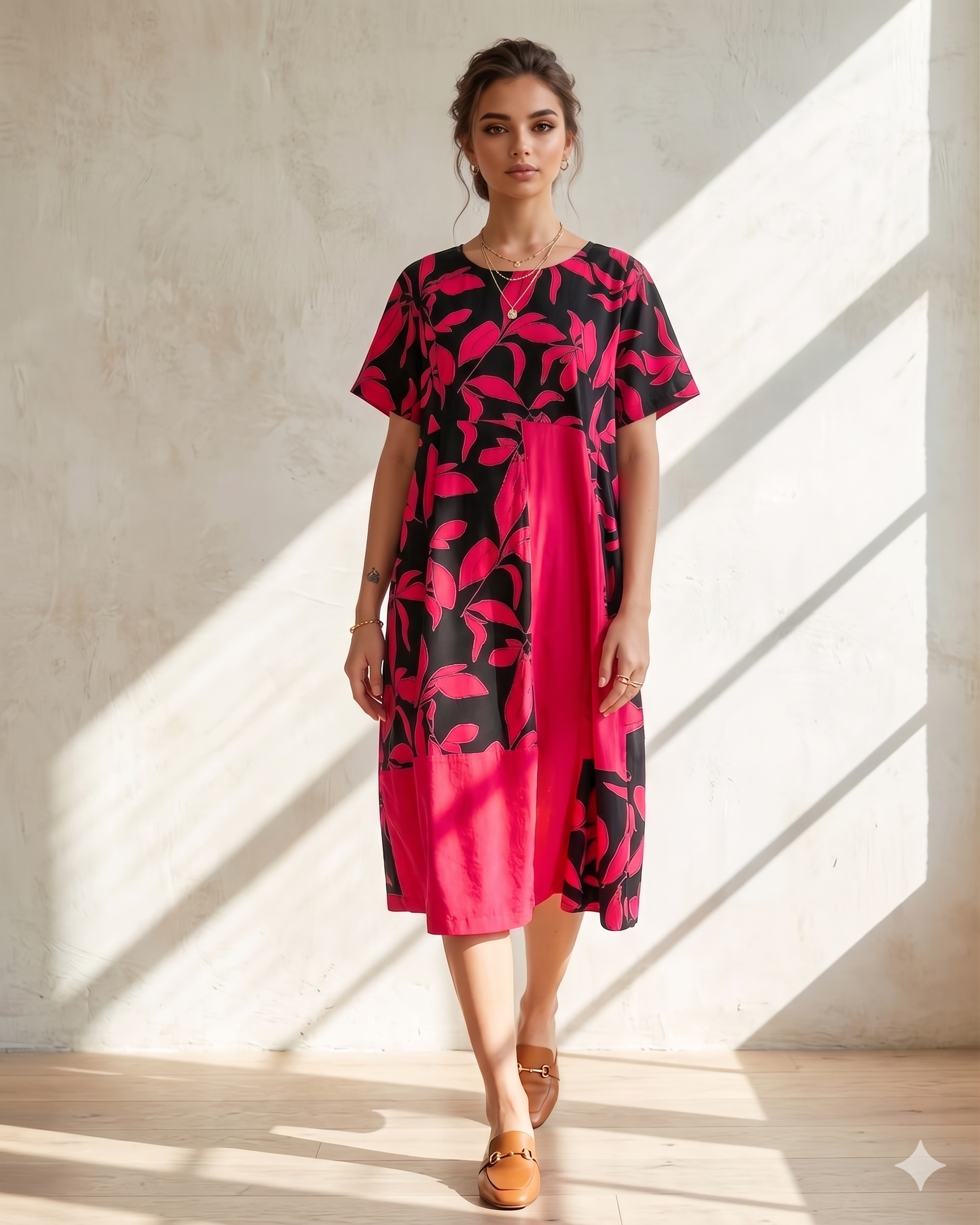 Rochie cu mânecă scurtă și print frunze ciclam - Unica (XL-3XL)