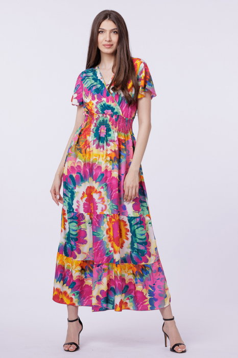 Rochie cu talia evidentiata si bust petrecut, imprimeu floral predominant fucsia