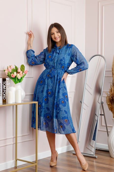 Rochie dama albastra Alessandra din voal cu imprimeu floral si cordon in talie