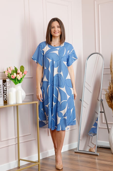 Rochie dama bleu plus size cu imprimeu floral si croi lejer Jany
