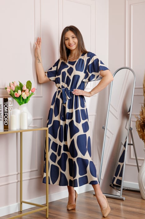 Rochie dama bleumarin Artemis cu imprimeu abstract si cordon in talie