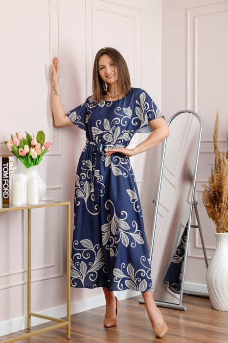 Rochie dama bleumarin Artemis cu imprimeu floral si cordon in talie