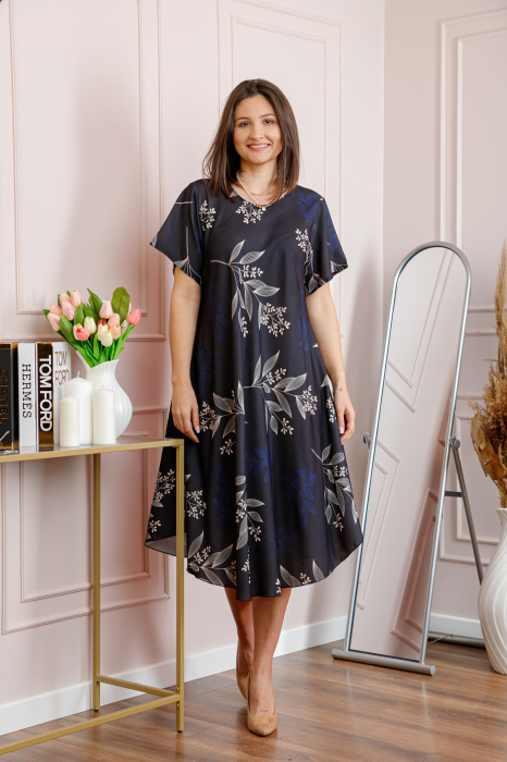 Rochie dama bleumarin plus size cu imprimeu floral si croi lejer Jany