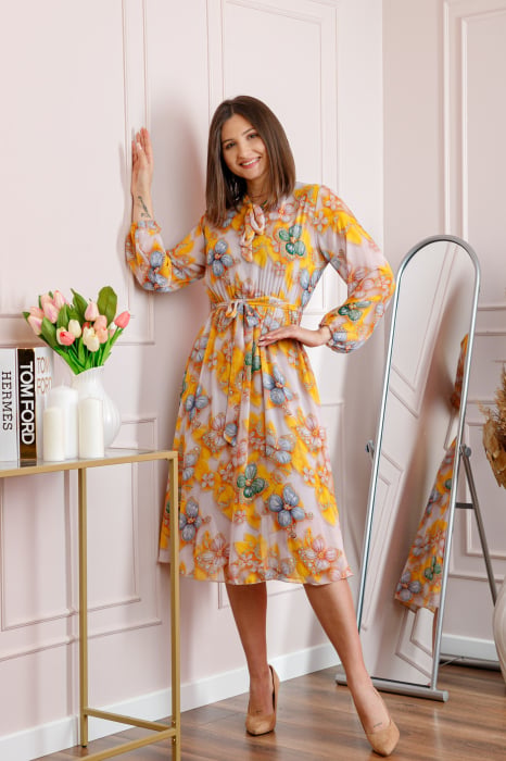 Rochie dama galbena Alessandra din voal cu imprimeu floral si cordon in talie