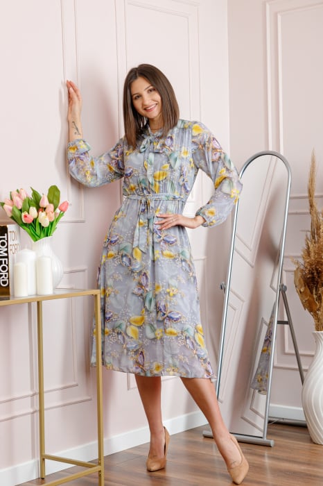 Rochie dama gri deschis Alessandra din voal cu imprimeu floral si cordon in talie