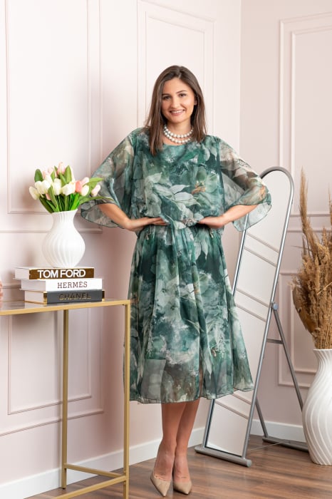 Rochie dama Theresa din voal cu imprimeu floral verde