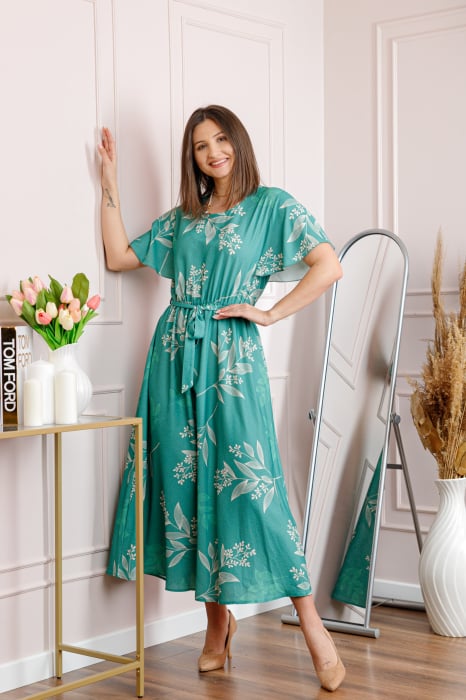 Rochie dama turcoaz Artemis cu imprimeu floral si cordon in talie