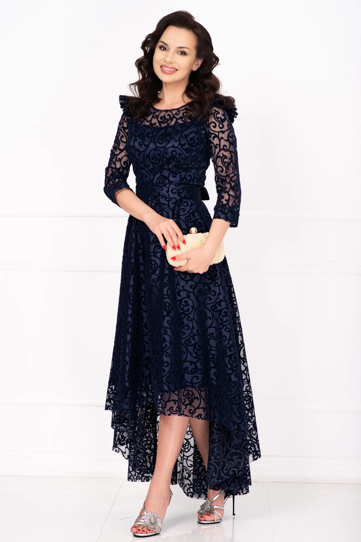 Rochie de ocazie bleumarin asimetrica Francesca cu model din catifea