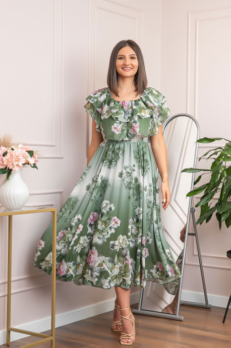 Rochie de ocazie Elle cu volane ample si imprimeuri florale - Kaki