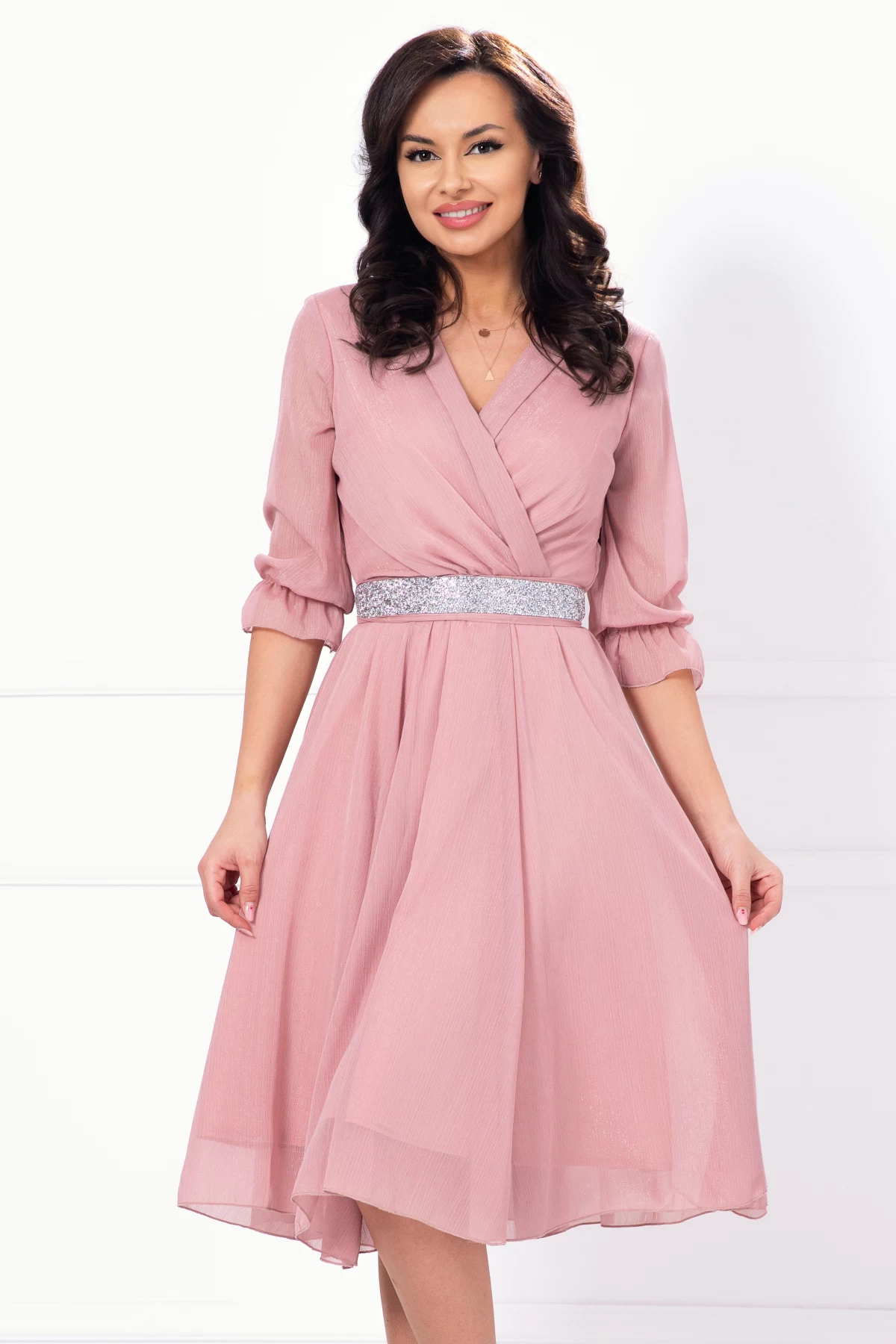 Rochie de ocazie in clos rose cu cordon stralucitor si insertii argintii - poza 1