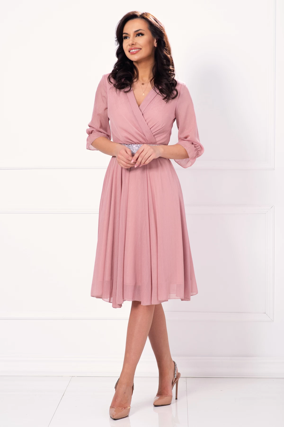Rochie de ocazie in clos rose cu cordon stralucitor si insertii argintii - poza 4
