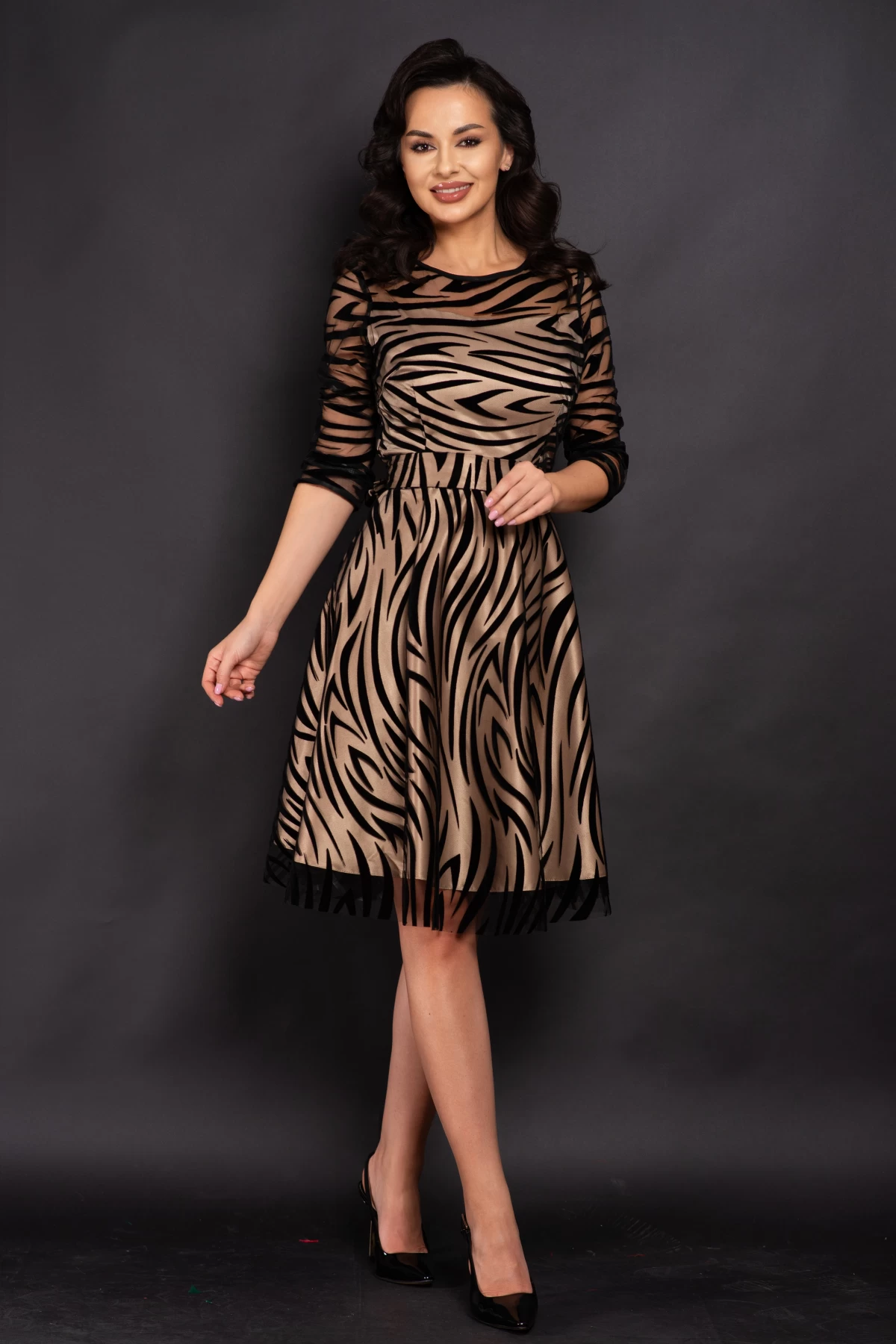 Rochie de ocazie midi Francesca cu model zebrat si dublura bej - poza 3