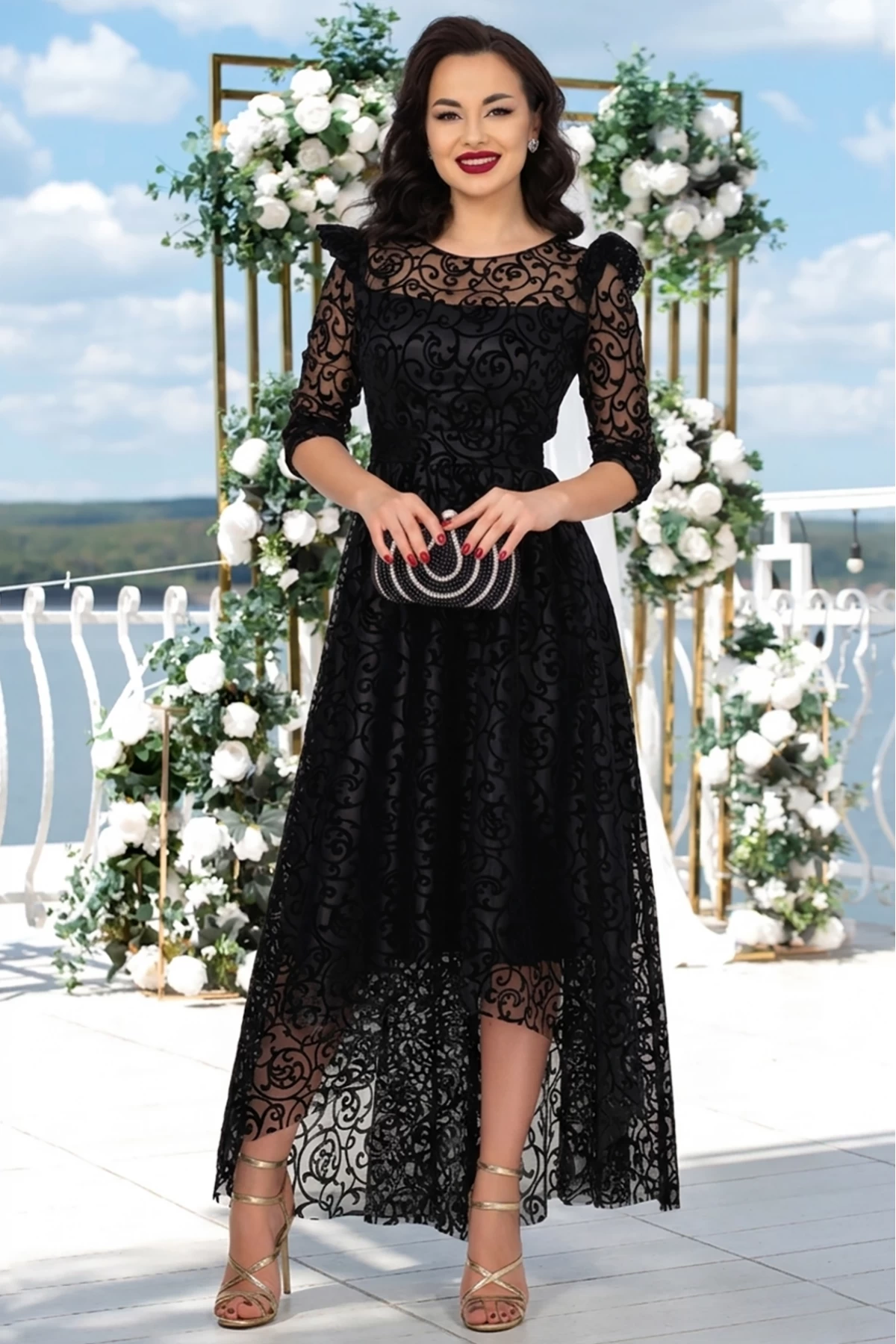 Rochie de ocazie neagra asimetrica Francesca cu model din catifea