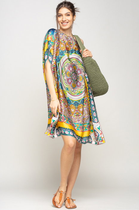 Rochie de plaja tip poncho din matase cu mandala centrala in chenar galben si gri