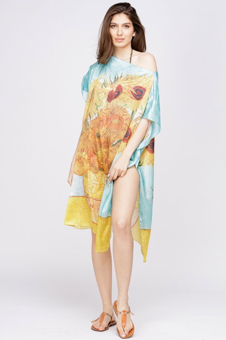 Rochie de plaja tip poncho din matase cu reproducere dupa Floarea Soarelui de Van Gogh