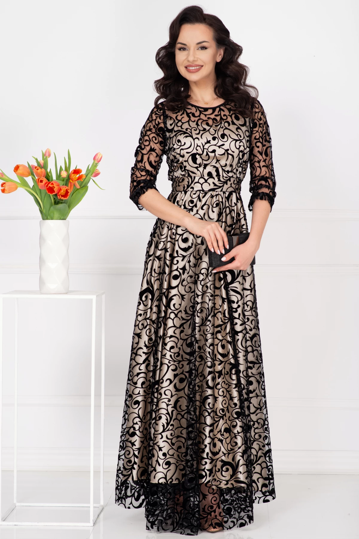 Rochie de seara lunga Francesca cu model din catifea si dublura bej - poza 1