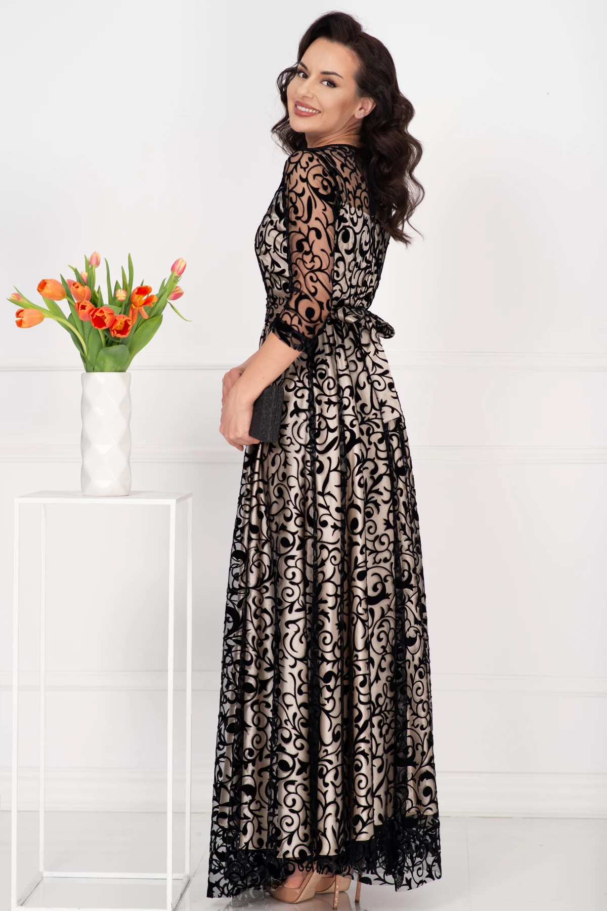 Rochie de seara lunga Francesca cu model din catifea si dublura bej - poza 2