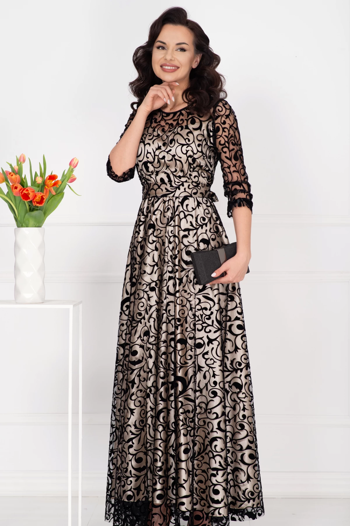 Rochie de seara lunga Francesca cu model din catifea si dublura bej - poza 3