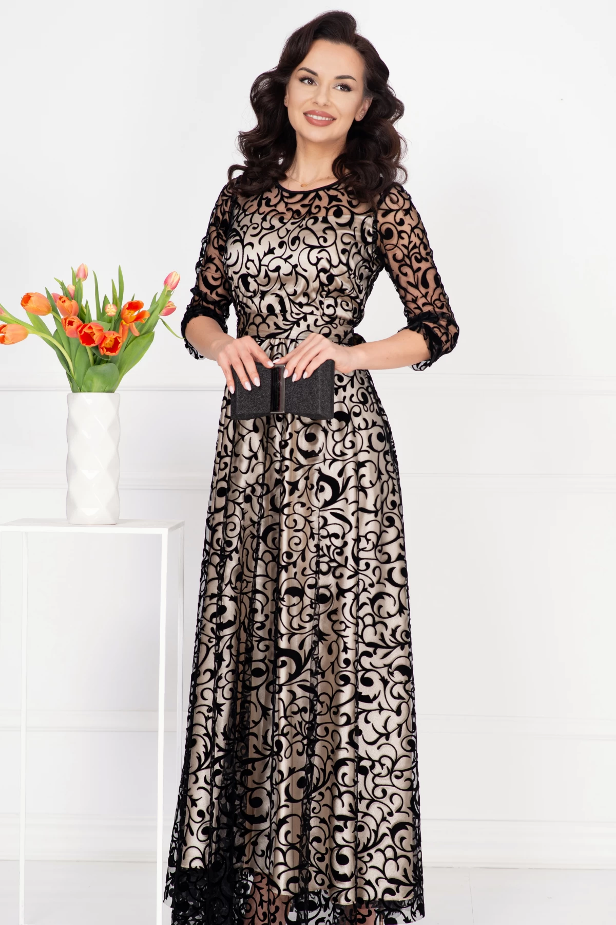 Rochie de seara lunga Francesca cu model din catifea si dublura bej - poza 4