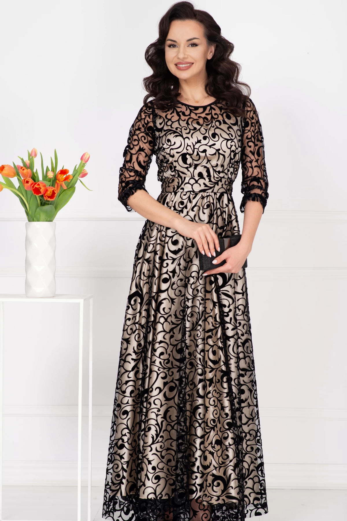 Rochie de seara lunga Francesca cu model din catifea si dublura bej - poza 5
