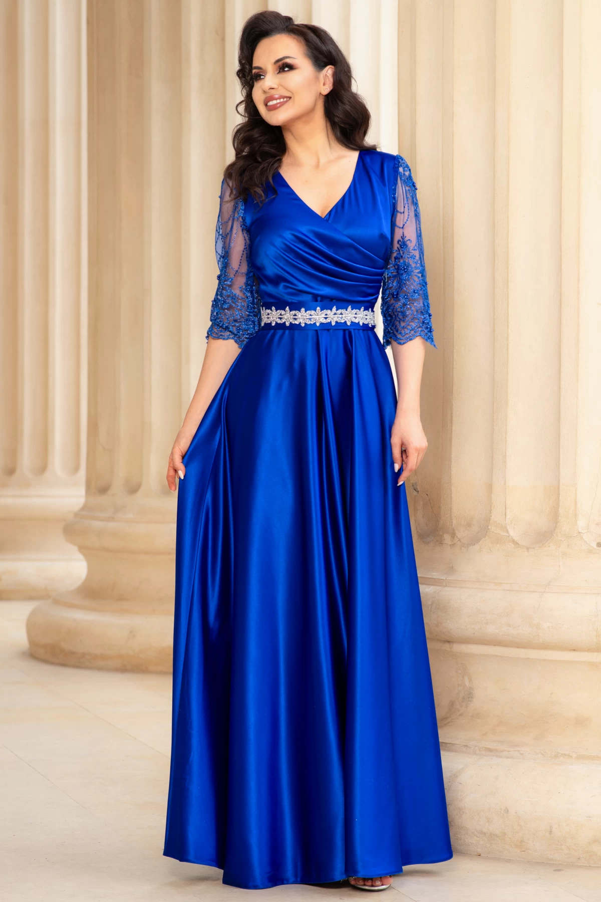 Rochie de seara lunga Giorgia albastru royal din tafta cu maneci brodate - poza 1